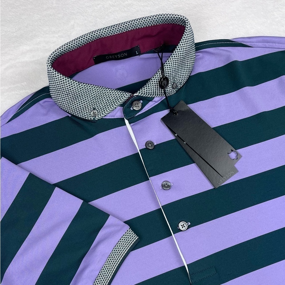Greyson Men’s L Saguache Striped Windflower Golf Polo, Purple and Teal Striped